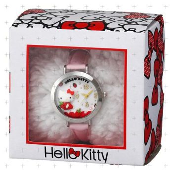 Hello Kitty Crystal Bezel Deco Watch Wristwatch Pink Strawberry Synthetic Leather
