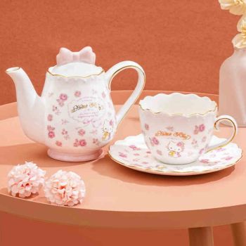 Hello Kitty Tableware Ceramic Teapot Teacup & Saucer Set Cute British Rose Style Tea Set One-person (14oz/400ml)