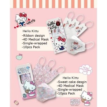 10 Pcs Hello Kitty Korean Ribbon 4D Disposable Face Masks + Bonus Storage Bag 100% Taiwan Made Dual Colors Anti-Dust Filter Breathable 3 Layers