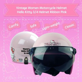 Women 3/4 Motorcycle Helmet Open Face Helmet Vintage Hello Kitty Pink For Bike Cruiser Chopper Moped Scooter Girls Ribbon
