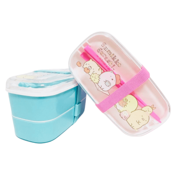 Sumikko Gurashiすみっコぐらし Bento Box Lunch Box 2-Level w/ Band & Tableware Bule or Pink