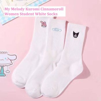 My Melody Kuromi Cinnamoroll Women Student White Socks Stockings Embroidery One Size Fits All Holiday Gifts