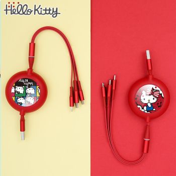 Hello Kitty 4Ft/1.2m Multi Retractable Fast Charger Cord 3A 3-in-1 USB Charging Cable for IP/Type-C/Micro-USB