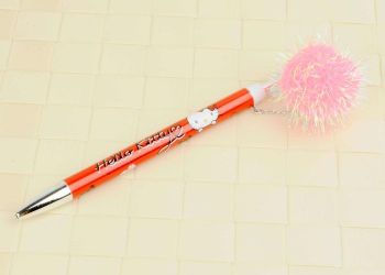 Hello Kitty 0.5mm Ink Blue Pen w/ Fluff Ball Charm Polka Dot Sanrio RED