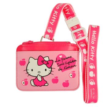 Hello Kitty PU Leather ID Card Holder Tickets Pass Case Coin Bag Neck Strap Pink