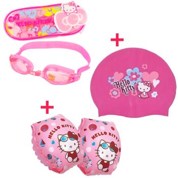 Hello Kitty Kid Arm Floats Pool Float Swimming Arm Bands + Silicone Swim Cap Set