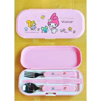 My Melody Lunch Tableware Spoon Chopsticks Fork Utensils Set in Case Pink Sanrio