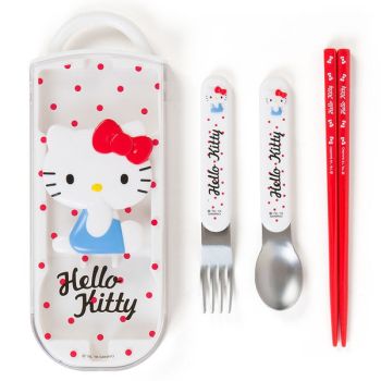 Hello Kitty Lunch Tableware Spoon Chopsticks Fork Utensils Set in Case 3D Pattem