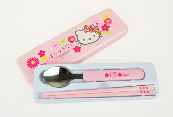 Hello Kitty Lunch Tableware Spoon and Chopsticks Set in Case Kimono Dress Sanrio