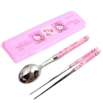 Hello Kitty Tableware Set Chopsticks Spoon w/ Case Bear Pink Sanrio