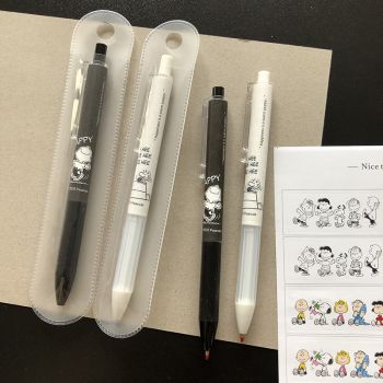 Peanuts Snoopy Quick-Dry Gel Pen 2PC w/ Stickers Set Ballpoint Pen Black & White Black Ink 0.5MM Comfortable Grip