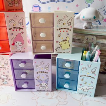 Kuromi My Melody Little Twin Stars Cinnamoroll Pompom Purin Desktop 3-Drawer Organizer Storage & Pen / Stationery Holder