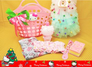 Hello Kitty Christmas Gift Set Basket Hair Band Sponge Soap Dispensor Lingerie Bag