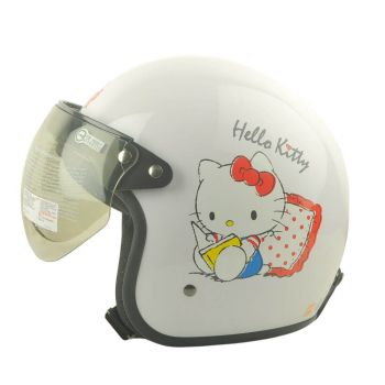 Women 3/4 Motorcycle Helmet Open Face Helmet Vintage Hello Kitty & Teddy For Bike Cruiser Chopper Moped Scooter Girls Ribbon