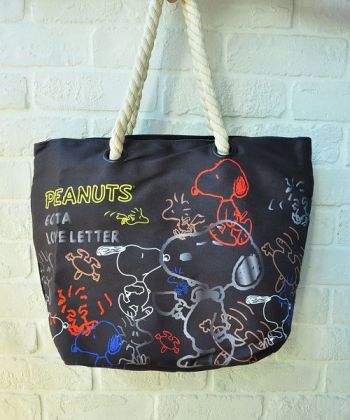 Peanuts Snoopy Woodstock Canvas Rope Tote Bag Hand Bag Zip Closure Black Neon