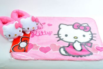 Mother's Day Gift Hello Kitty Floor Mat Carpet + Plush Slippers Set 