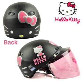 Hello Kitty FACE Adult Motorcycle Half Face Helmet Skull Cap For Bike Cruiser Chopper Moped Scooter BLACK + Hot Pink Tinted Retractable Visor 