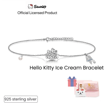 Hello Kitty 925 Sterling Silver Bracelet Lover CZ Charm w/ Gift Box Set Minimalist 