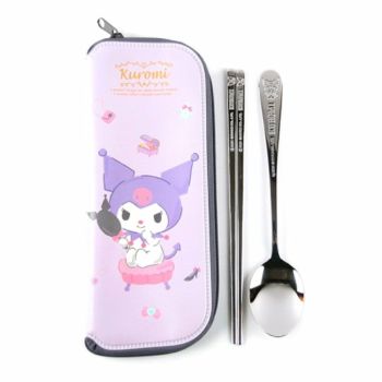 Kuromi My Melody Silverware Utensil Set Spoon & Chopsticks w/Purple Case Stainless Steel Tableware 