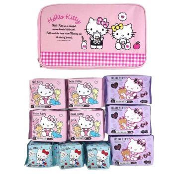 Hello Kitty Sanitary Pads Feminine Pads 10PCs Value Set w/ Storage Bag Women 3 Sizes Regular Light Overnight Absorbency With Wings Cool Feeling