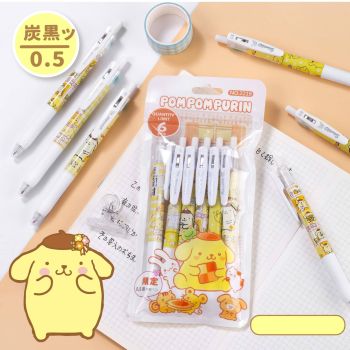 Sanrio Hello Kitty My Melody Kuromi Pompom Purin Pochacco Cinnamoroll Quick-Dry Gel Pen Hanging Charm 6PC Set Black Ink 0.5MM