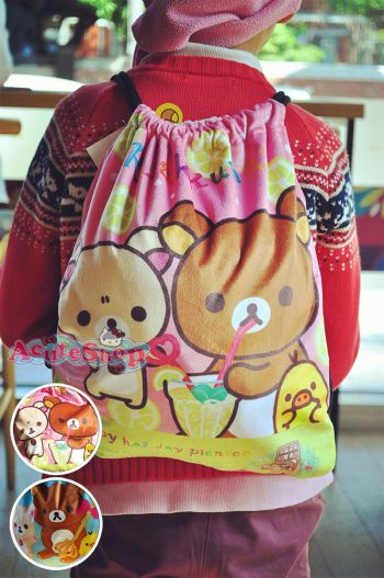 San-X Rilakkuma Drawstring Backpack Villus Rucksack School Bag Juice Pink #1