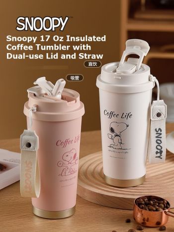 Snoopy 17 Oz Insulated Coffee Tumbler with Dual-use Lid and Straw Iced Travel Coffee Mug Stainless Steel Gift 