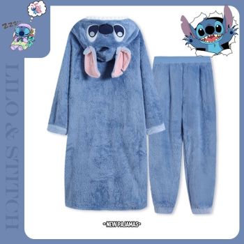 Lilo and Stitch Ladies' Men's Pajamas Hoodie Blanket Nightgown + Trousers Set Fleece Coral Velvet Enhanced Thickness 